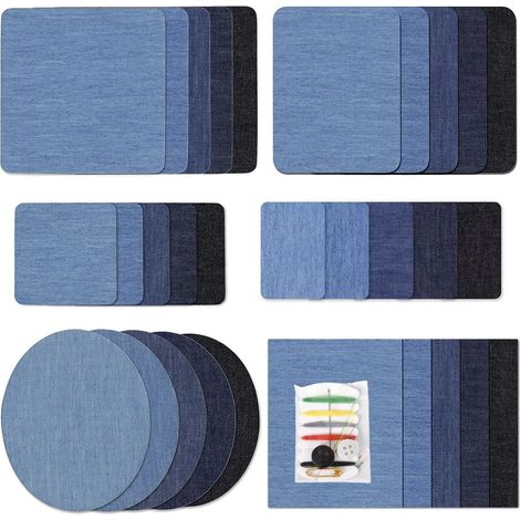 Aufbügelbare Jeansflicken – 30 Stück – 100 % Baumwolle – Jeansreparatur und -verzierung – Bekleidung und Accessoires – Blautöne (1/5)