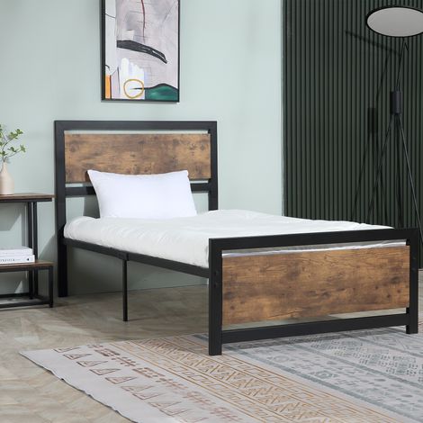 Cadre de lit simple en bois et acier avec lattes de style industriel. 90x200cm.