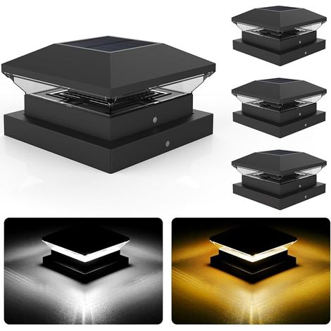 Capuchon de Poteau Solaire pour 9x9cm 10x10cm 12x12cm, 3000K/6000K Lot de 4 Solaires Capuchon pour Poteau, AUTO ON/OFF, IP65 Étanche Eclairage Solaire Extérieure pour Poteaux de Clôture (1/5)
