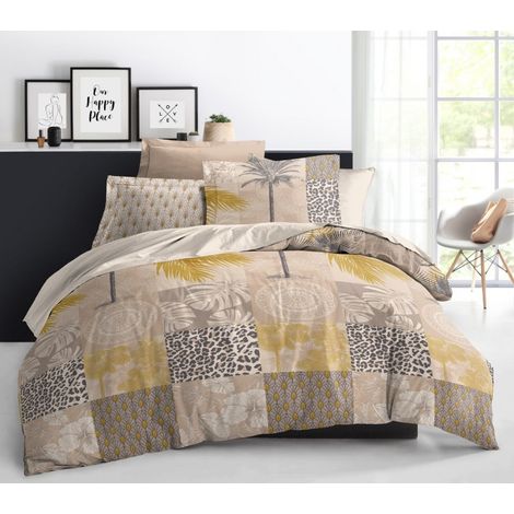 Parure de couette 3 Pièces réversible pour lit 240 x 220 cm "Jungle Gold" Coton Pur