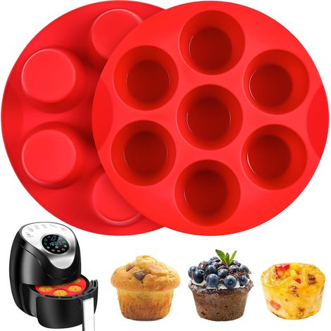 Juego de 2 moldes de silicona para huevos, aptos para freidora de aire y moldes redondos para muffins de 7 cavidades, compatibles con horno, freidora de aire y sartén.