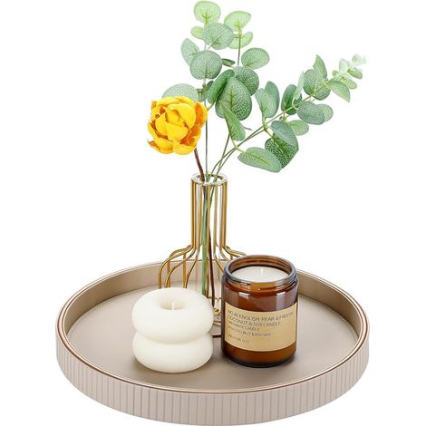 Round Decorative Leather Serving Tray, Candle Holder, Bedside Table, Empty Pocket, Organiser for Kitchen, Living Room, Bedroom, Bathroom (Beige) (1/5)