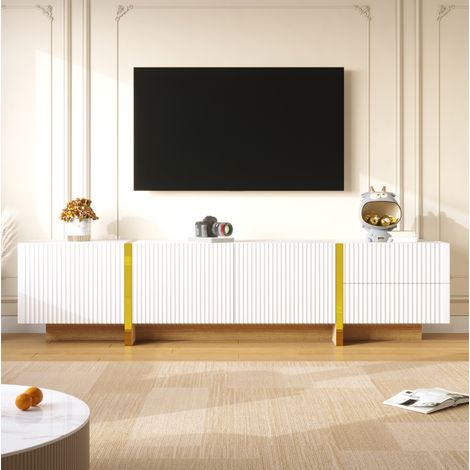 Mueble TV 190x35x45 cm blanco y dorado en MDF y tablero de partículas con 3 puertas y 2 cajones (1/5)