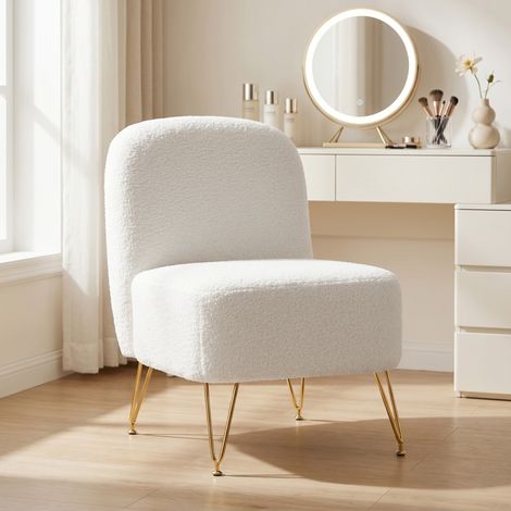 Fauteuil salon sans accoudoirs rembourré bouclette coussin épais assise large blanc, minimaliste (1/5)