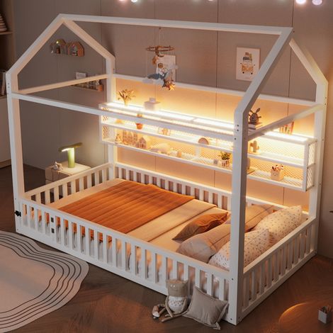 Lit enfant blanc 90 x 200 cm Lit Cabane avec barrière et éclairage LED et étagère Structure en Métal (1/5)