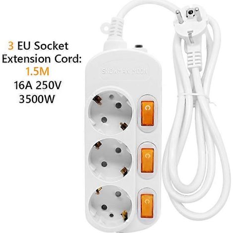 Spécifications : câble d'extension 10/16A 250V avec protection contre les surcharges, multiprise de 4,8 mm, disjoncteur double, prise de courant alternatif à 2 broches, 3 trous, 1,5 m. (1/4)