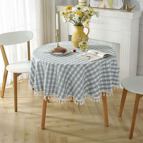 DEESSE SHOP - Nappe ronde en coton et lin Nappe à franges anti-taches Protège-table lavable 140x140cm (1/5)