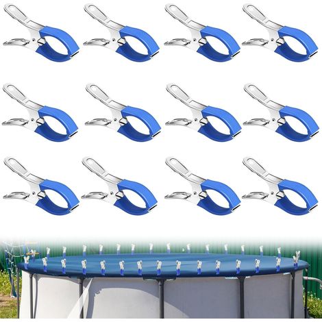 12 Clips de fixation, Acier inoxydable, Design anti-glissement, Bâche de piscine, 12x6.5cm, Piscine hors sol