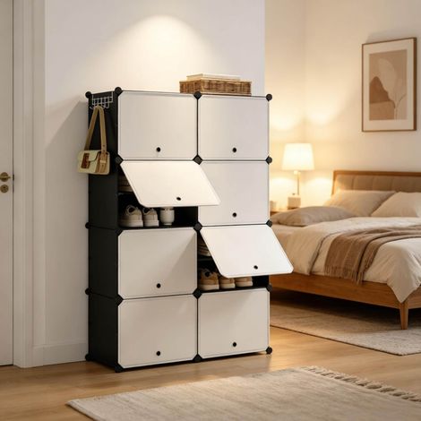 Zapatero modular 94x36.5x144 cm negro y blanco de metal y polipropileno con 8 compartimentos y montaje DIY (1/5)