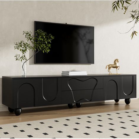 Meuble TV 180x40x42 cm noir en panneau de particules avec pieds en bois massif et grand rangement (1/5)