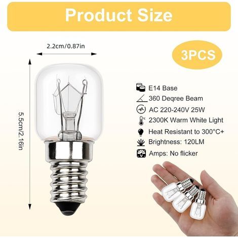 3 Unité E14 Ampoule Four, T22 25W Lampe de Four Résistante à 300 Degré 2700K Blanc Chaud AC220V-240V, Petite vis Edison Ampoule Lampes pour Micro-ondes Four Lampe à Sel Hotte de Cuisine Réfrigérateurs (1/4)