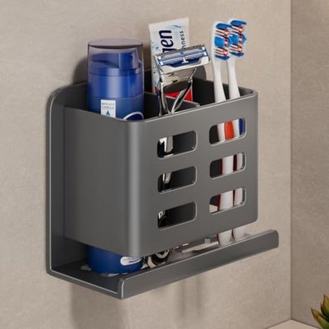 Portaoggetti da parete in metallo per bagno con 2 scomparti per spazzolini e accessori. Autoadesivo o con viti. Grigio. (1/5)