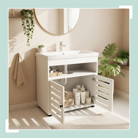 Meuble sous evier avec portes a lattes et rangement sous lavabo (1/5)