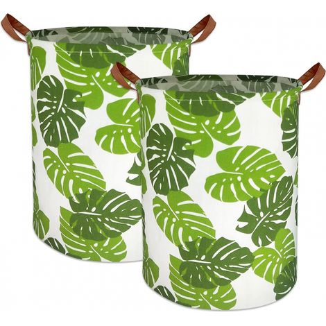 BEBUSINGOTO Juego de 2 cestas para la colada con diseño de hojas verdes, plegables y con asas para el hogar, la oficina y el dormitorio. (1/5)