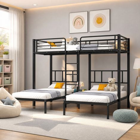 DESMIU Lit superposé 3 places 90 × 200 cm avec échelle, table intégrée, sans matelas, en métal, noir (1/5)