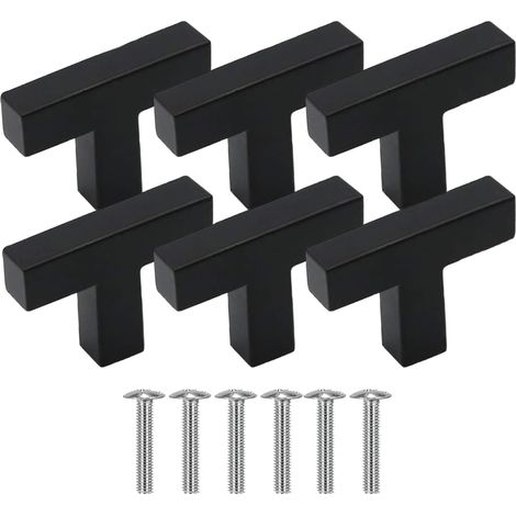 6 quadratische T-Griffe aus schwarzem Edelstahl mit Schrauben für Schubladen und Schränke