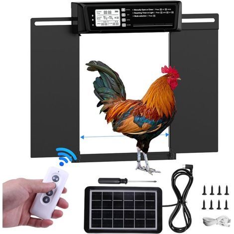 Extra große, automatische, solarbetriebene Hühnerstalltür – LCD-Bildschirm, Fernbedienung, Lichtsensor, Timer und Einklemmschutz – 39 x 29 cm – Schwarz (1/5)