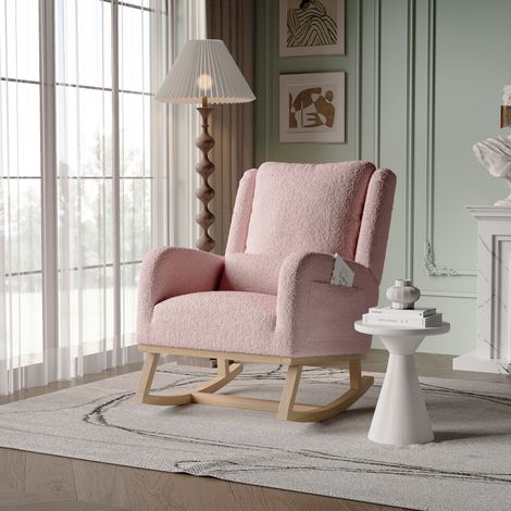 Rocking Chair,Fauteuil à Bascule Confortable en Tissu avec poches latérales,Chaise à basule avec Pieds en Bois Massif pour Salon Chambre à Coucher,Bureau,Rose (1/5)