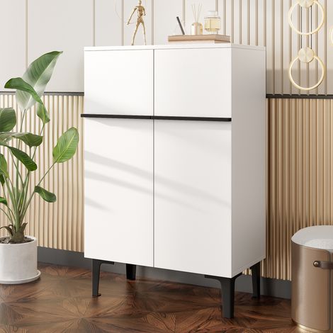 Schuhschrank mit 2 Türen und Verstellbaren Einlegeböden, Modern, aus Spanplatte, Weiß und Schwarz, 60×34,5×95 cm