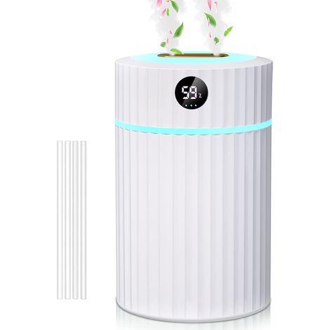 Humidificateur d'air 1,2 L, silencieux et ultrasonique, avec thermo-hygromètre, double embout, autonomie de 36 heures, arrêt automatique, lumière d'ambiance 7 couleurs, idéal pour la maison, la chambr (1/5)