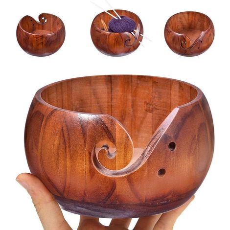 Bol de madera para tejer y hacer ganchillo, bol de madera hecho a mano, accesorios para tejer y hacer ganchillo, almacenamiento de hilo. (1/4)