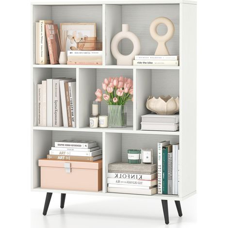 Libreria a 7 cubi 80 x 24 x 107 cm, organizer con 4 gambe in metallo affusolate, ripiano con 2 kit anticaduta per salone, ufficio, bianco (1/5)
