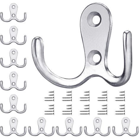 Pack of 10 Vintage Silver Clothes Hooks with Metal Screws Double Wall Hooks for Bathroom Kitchen (Silver) (1/5)