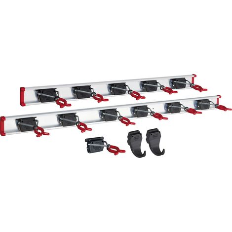 Bruns Gerätehalter 100 cm und 75 cm Schiene mit 12 Halter und 2 Haken - Gartengerätehalter, Besenhalterung Wandhalterung Spannbereich 0-50mm, schwarz/rot