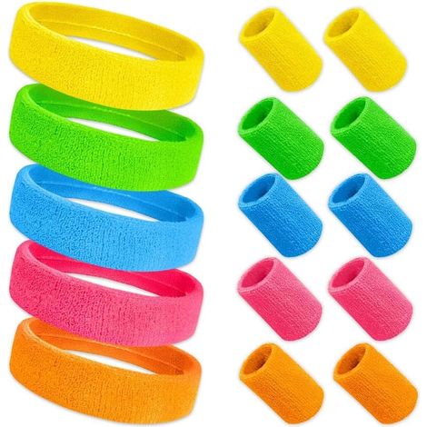 Set di cerchietti anni '80, 5 pezzi Set di cerchietti neon anni '80, 5 pezzi Braccialetti retrò in spugna neon resistenti al sudore Accessori per feste per donne e uomini 5 colori per Carnevale e fest (1/5)