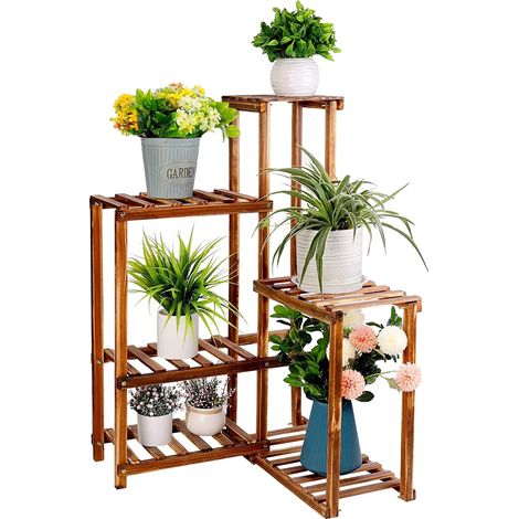 Soporte para plantas de 6 niveles, construcción de madera resistente, color marrón. (1/2)