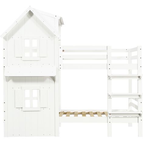 Lit superposé enfant 90x200 cm avec toit, fenêtres, garde-corps et échelle 3 marches blanc (1/5)