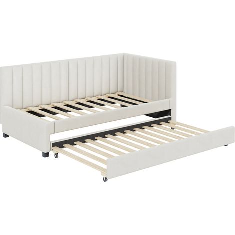 Lit banquette gigogne 90 x 200 cm en velours beige avec sommier à lattes (1/5)