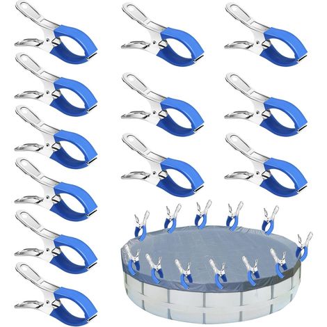 Métalliques pour Pince Bache Piscine,Bleu,12 Pièces  avec Forte Force de Serrage Pince Bache Piscine pour sécher les tissus de piscine, les parasols et les vêtements (1/5)