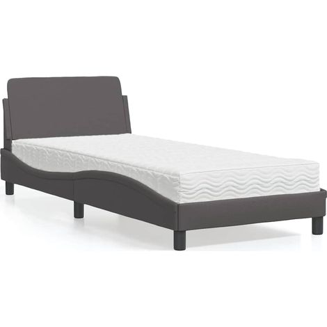 Lit 1 personne avec matelas en mousse, similicuir gris, 80 x 200 cm - PANGIVO (1/5)