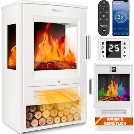 TRESKO® Elektrokamin mit Heizung inkl. Fernbedienung & WiFi App  Kamin elektrisch 1800W LED-Flammeneffekt Farbmodi  Kaminfeuer Thermostat, Timer  Elektro Kaminofen Standkamin 2 Heizstufen