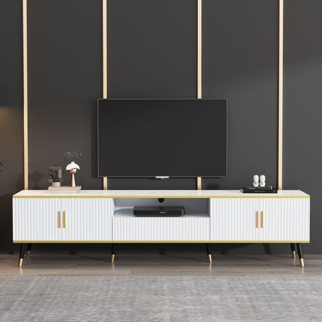 TV-Kommode 200 x 40 x 46 cm in Weiß mit Marmoroptik, 2 Türen, 1 Schublade HAVRYA (1/5)