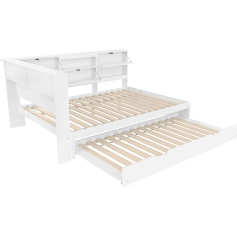Cama diván 140x200 cm con cabecero con almacenaje y cama nido blanca MODENUIT (1/5)