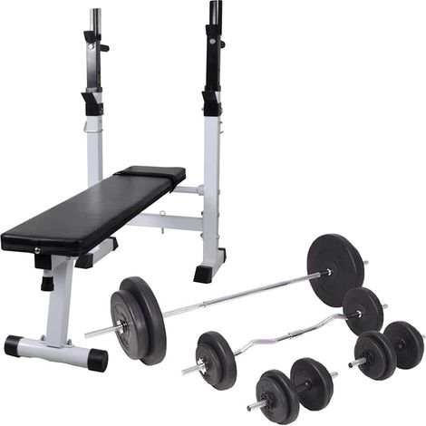 Hantelbank mit Ablage, Langhantel und Kurzhantel-Set 90 kg (1/5)