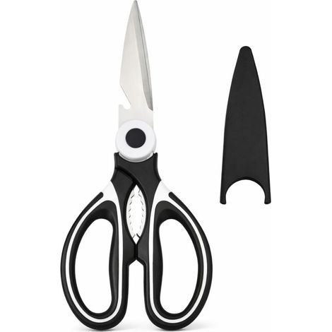Ciseaux de cuisine multifonctions 19 cm avec étui de protection acier inoxydable, poignée ergonomique, noir et blanc découpe aliments, volaille, herbes, emballages (1/5)