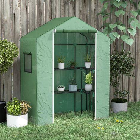Serre de jardin avec 1 porte. 2 fenetres et 2 étagères en forme de U pour Légumes Plantes Fleurs Bâche PE 140x73x190 cm