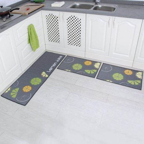 Lot de 2 tapis de cuisine antidérapants avec dos en caoutchouc et tapis de sol motif citron (gris 15 x 47 + 15 x 23) (1/5)