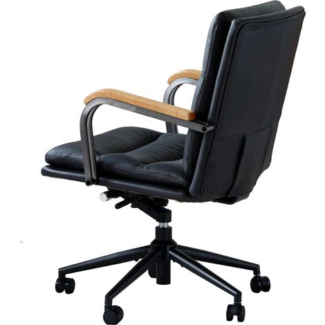 Silla de oficina ergonómica de cuero con ruedas, negra, con reposabrazos de madera (1/5)