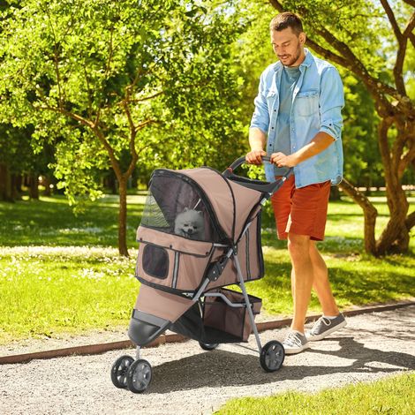 Poussette buggy pliable pour chiens et chats, porte-gobelet, panier rangement, roues frein, tissu 600D Oxford acier, marron, 75x45x97