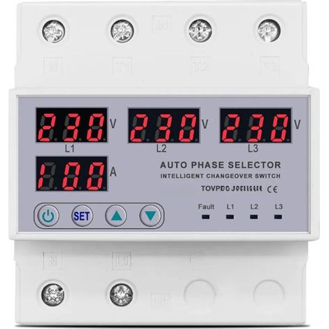 Relais sélecteur de phase triphasé 100 A sur rail DIN, protection contre les surtensions et les sous-tensions (3P+N), réglable, 50/60 Hz, 140–300 V CA (1/5)