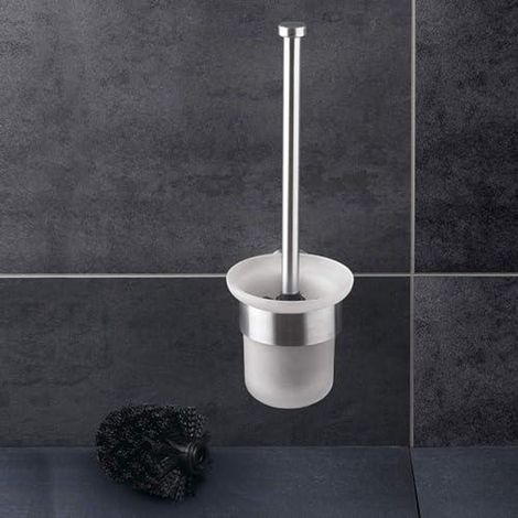 Porte-brosse WC mural inox verre avec brosse de rechange salle de bain pour maison jardin bureau quotidien (1/2)
