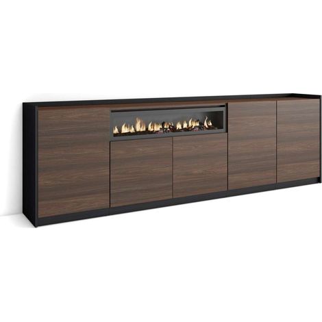 Aparador Benalauría-01 de 260x80x37 cm con 5 puertas, chimenea y luces LED, color roble oscuro y negro (1/4)