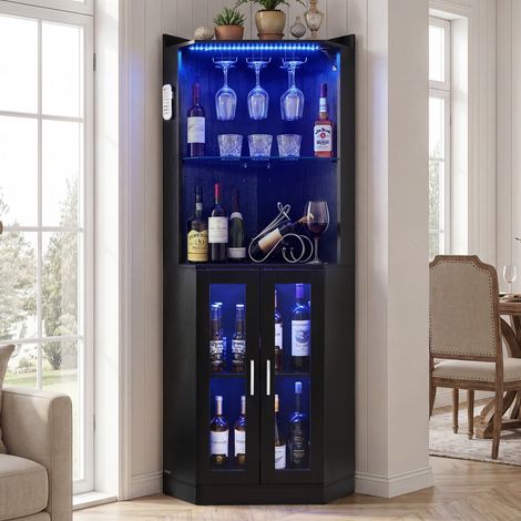 Meuble Bar d'Angle, Armoire à Vin Moderne, Rangement pour Salon Cuisine Salle à Manger, Buffet Bar Haut avec Porte-verres, Éclairage LED Réglable, Sangle Anti-basculement, Noir (1/5)