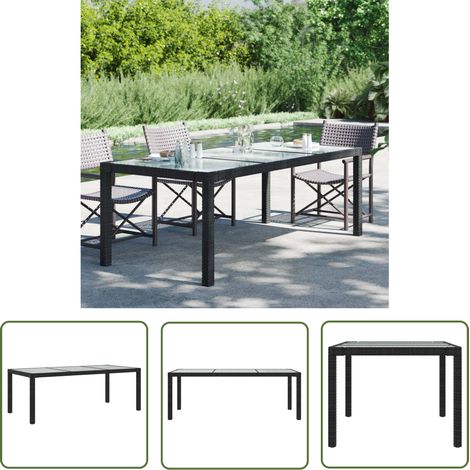 The Living Store Table de jardin Noir 190x90x75 cm Verre trempé/résine tressée - Table De Jardin - Table Extérieure - Mobilier De Jardin - Table En Résine Tressée - Table Noire (1/5)