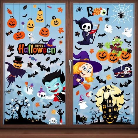 C Halloween fenêtre autocollant electrostatique 9PCS décor fenêtre halloween citrouille fantôme chauve-souris autocollant amovible (1/4)