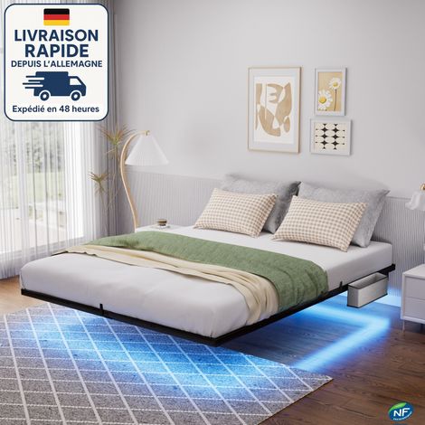 Letto 140x200 cm - Letto per adulti - Letto sospeso in metallo - Illuminazione a LED - Rete a doghe in metallo - Stabile e robusto - Sacchetti portaoggetti inclusi accanto al letto. - Include più port (1/5)